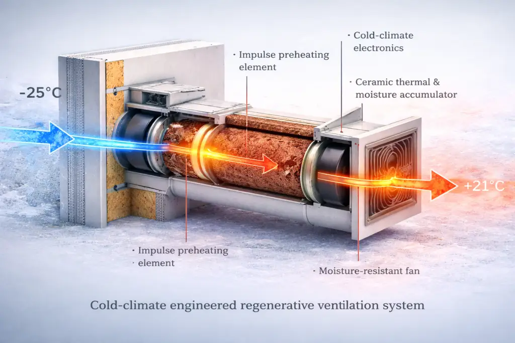 Decentralized regenerative heat recovery ventilation system engineered for -25°C cold-climate operation with ceramic thermal accumulator and impulse frost protection
