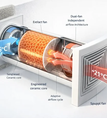 Dual-fan regenerative ventilation unit cutaway with ceramic heat recovery core and cold-climate airflow